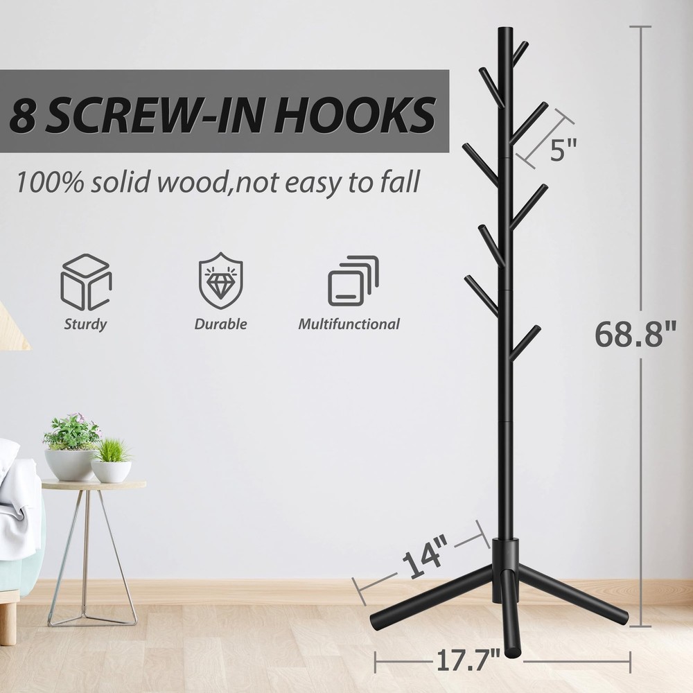 Durable Wooden Coat Rack, Freestanding with Stable Triangular Base 8 Hooks