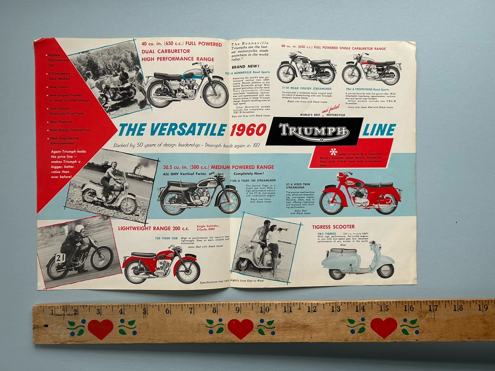 TRIUMPH MOTORCYCLE BROCHURE 1960 BONNEVILLE TR7 TROPHY-650 TR6 TIGER-110 100