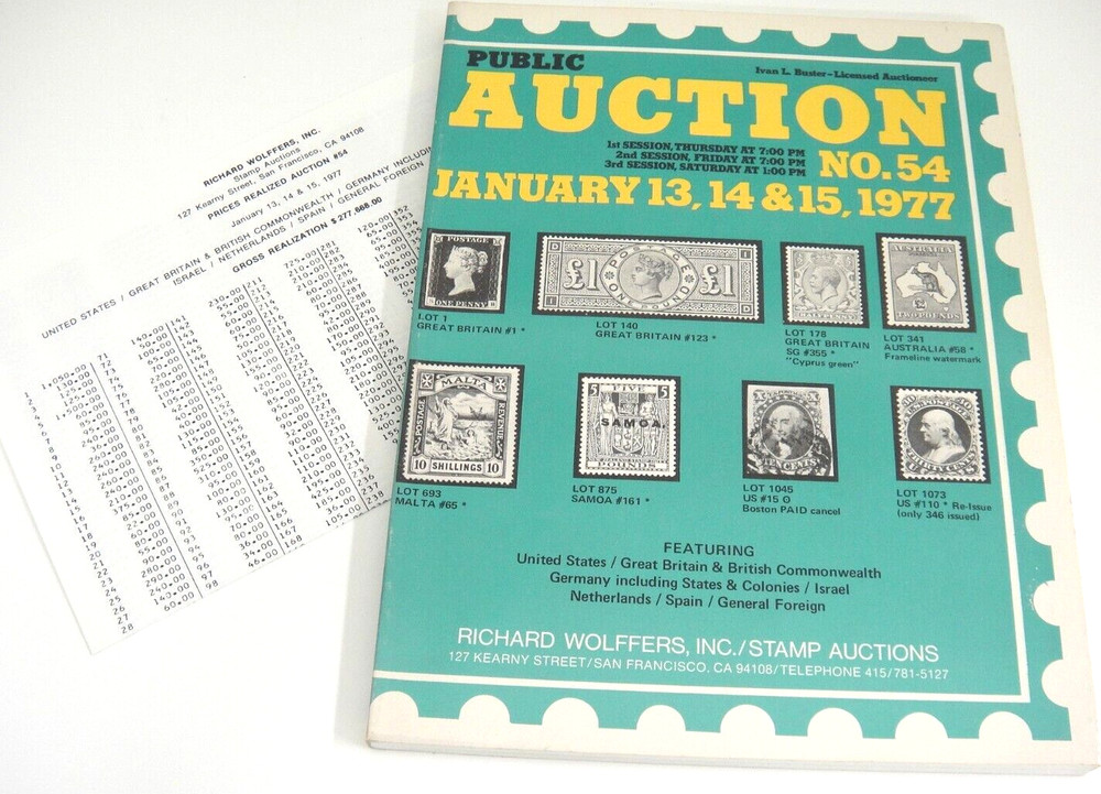 Wolffers Stamp Auction Catalog 1977 w Prices Realized Britain Germany Israel US