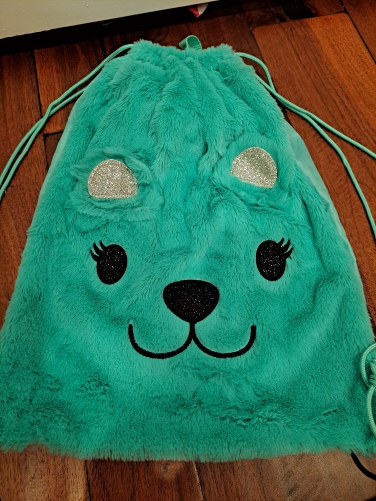 Girls Teal Bear Drawstring Backback New