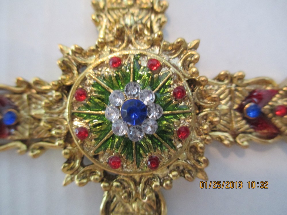CROSS ~ ANGULAR GOLD COLORED ENAMEL & GEM ~ ORNAMENT #4723