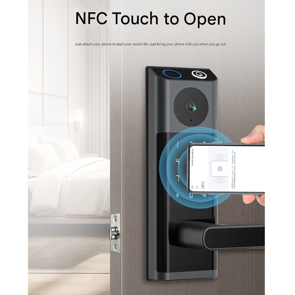Smart Lock with Camera & Handle Fingerprint Keyless Door Lock WiFi APP Control.