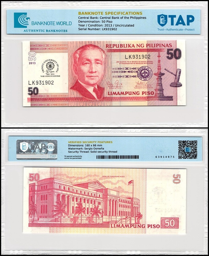 Philippines 50 Piso, 2013, P-216, UNC, Commemorative, TAP Authenticated