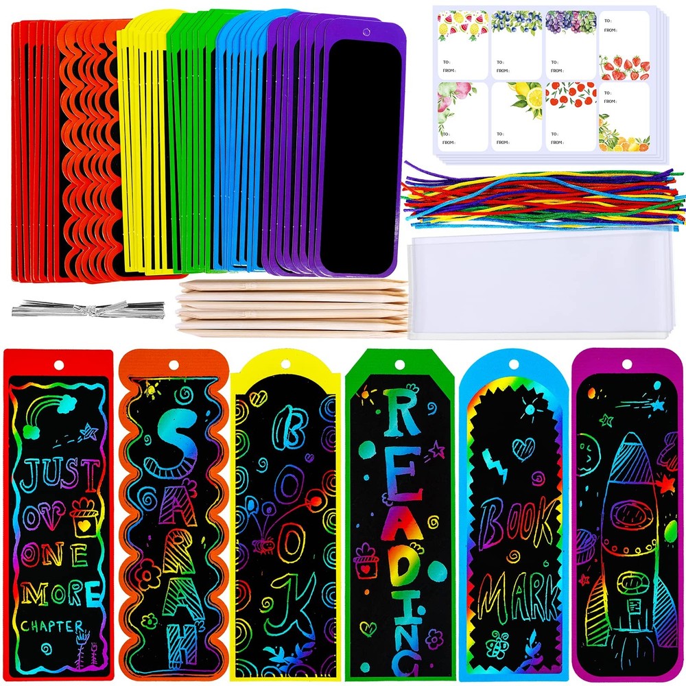 Winlyn 48 Sets 6 Styles Magic Color Scratch Bookmarks Craft Small, Multicolor