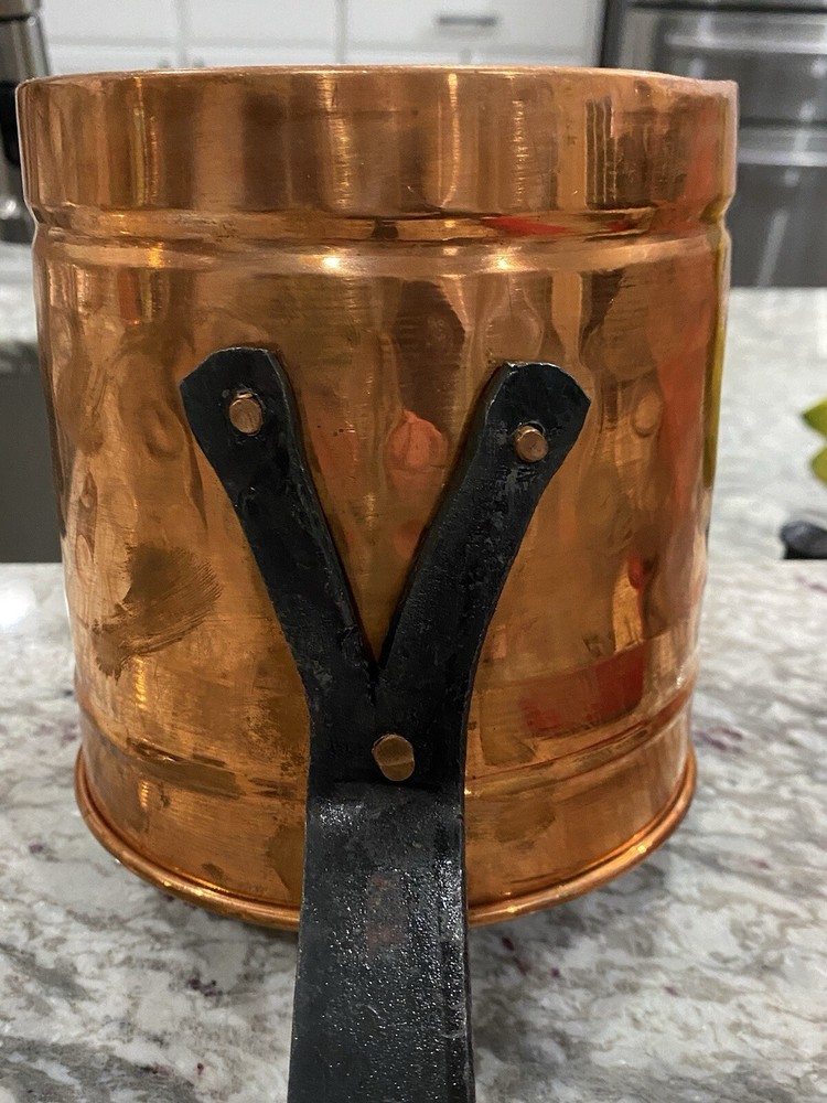Solid Hammered Copper Pot 8”wide with Long Cast Iron Handle For Hanging. Mint!