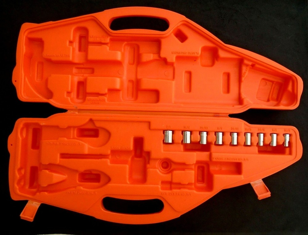 Vintage Orange Car Shaped Tool Box Includes Original Sockets