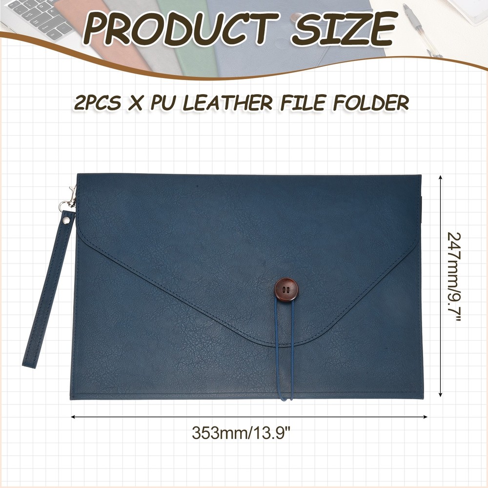 2Pcs PU Leather A4 File Folder, Waterproof Envelope Holder with Handle, Blue