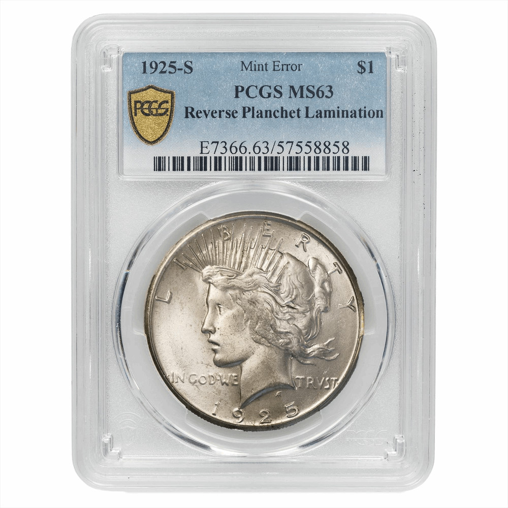 1925S Silver Peace Dollar $1 Reverse Planchet Lamination PCGS MS 63