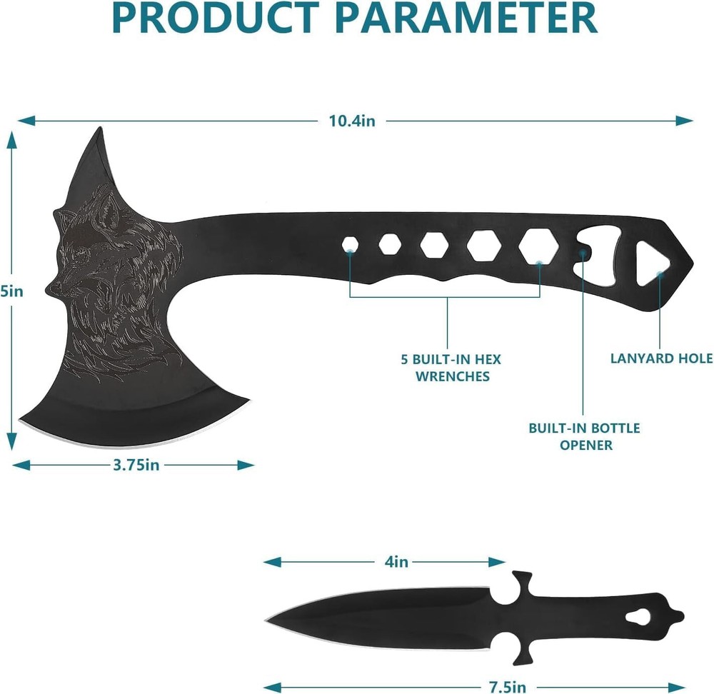 6pc Set Black Throwing Axe Tomahawk Full Tang Ninja Kunai Fixed Blade Knife Wolf