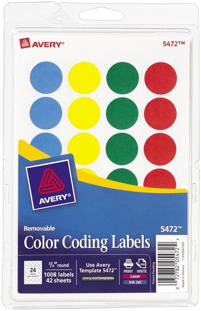 Avery® Printable Removable Color-Coding Labels, 3/4" dia, Assorted, 1008/Pack