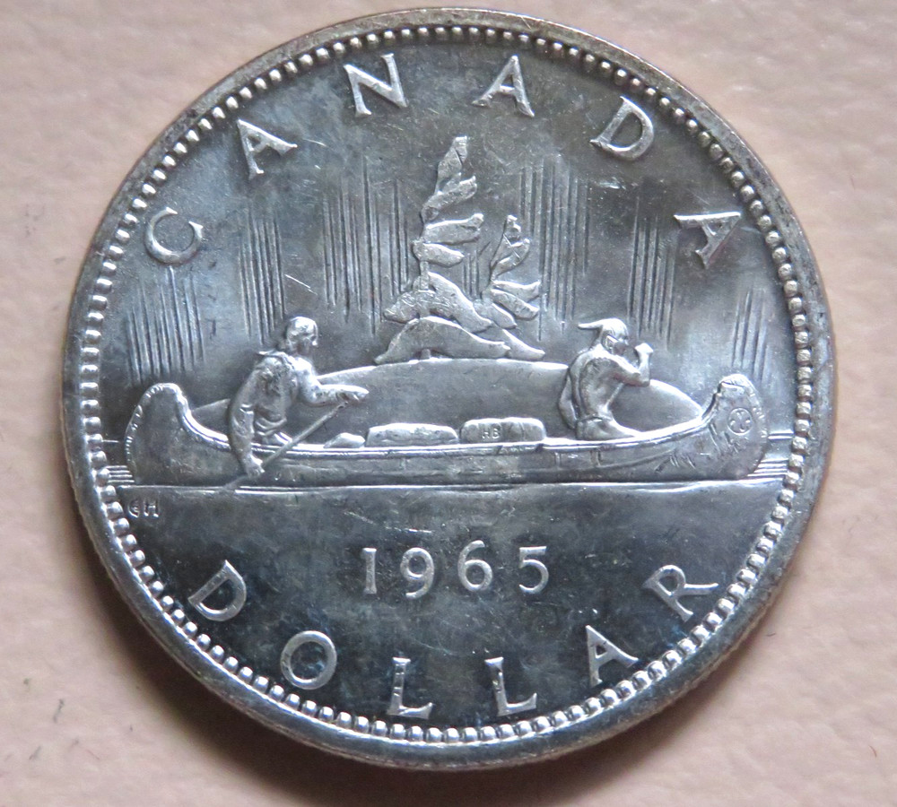 Canada. 1965 Silver - 1 Dollar..  large beads, pointed 5..   BU