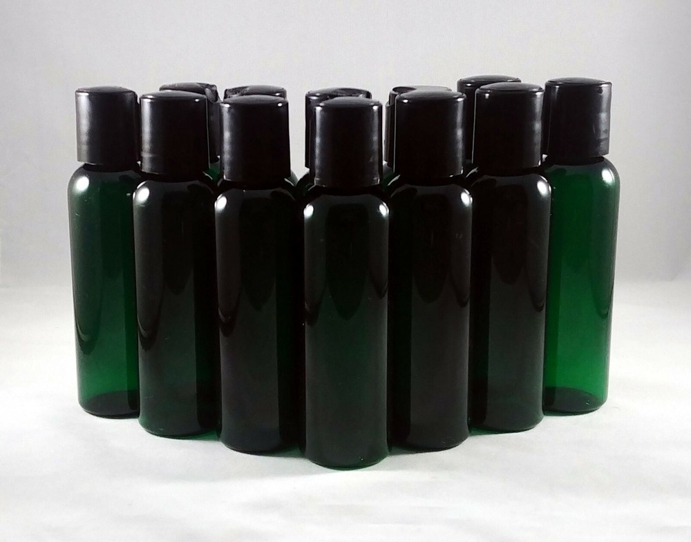 Green PET 2 oz Cosmo Round Plastic Bottles w Pump Spray or Cap, Mult Quantities