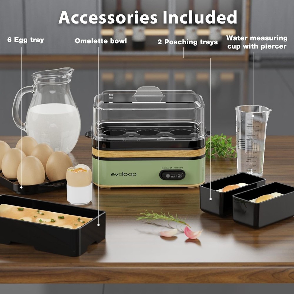 Evoloop Rapid Egg Cooker Electric 6 Eggs Capacity, Soft, Medium, Retro Green