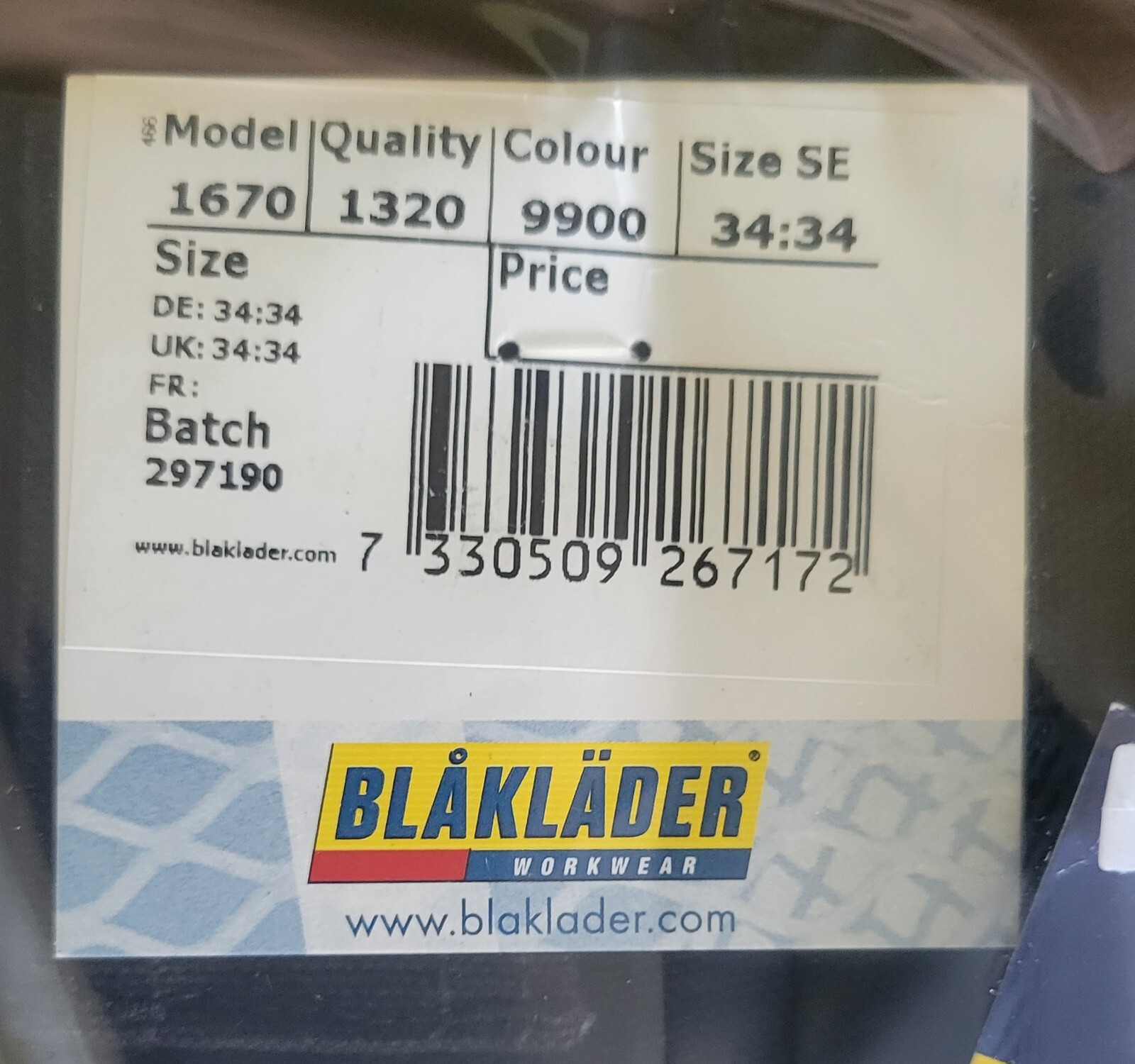 Blaklader work pants 1670 1320, Black Size 34x34