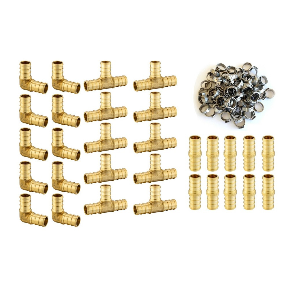 EFIELD 130PCS 1/2" PEX Barb Crimp Brass Fitting Tee Elbow Coupler &Cinch Clamp
