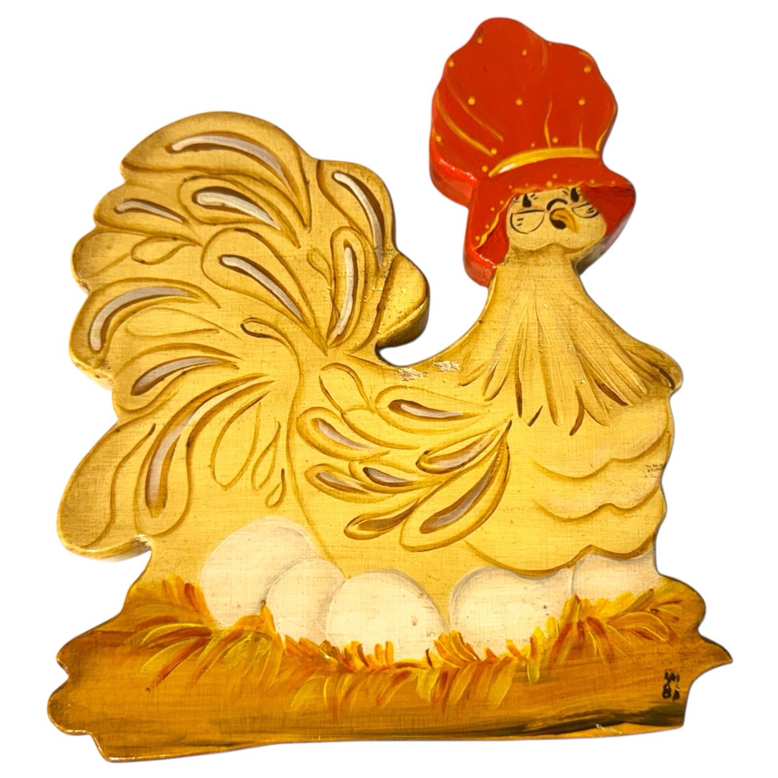 Vintage 80s Wooden Hen Wall Art Anamorphic Animals Pair Glazed Hand Painted