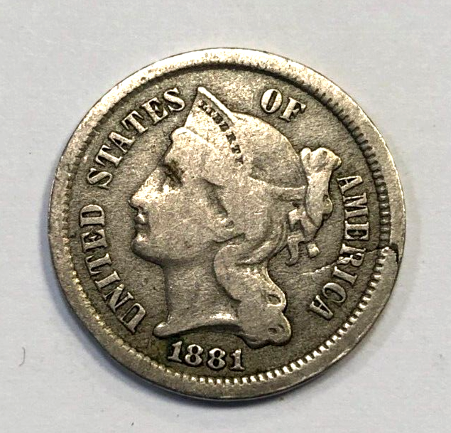MINT ERROR Cracked Planchet 1881 Three Cent Nickel 3CN Fine F Condition