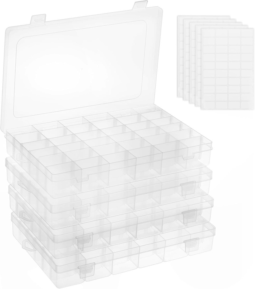4 Pack 36 Grid Clear Bead Organizer Boxes with Adjustable Compartments & Labels