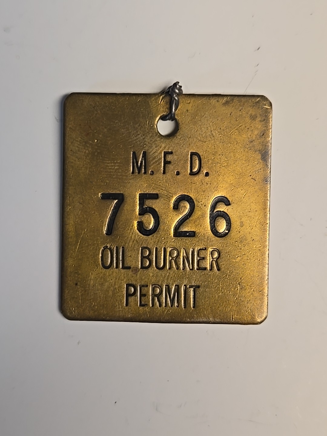Vintage Brass Oil Burner Permit Tag M.F.D. 7526 Fire Dept Memorabilia Antique