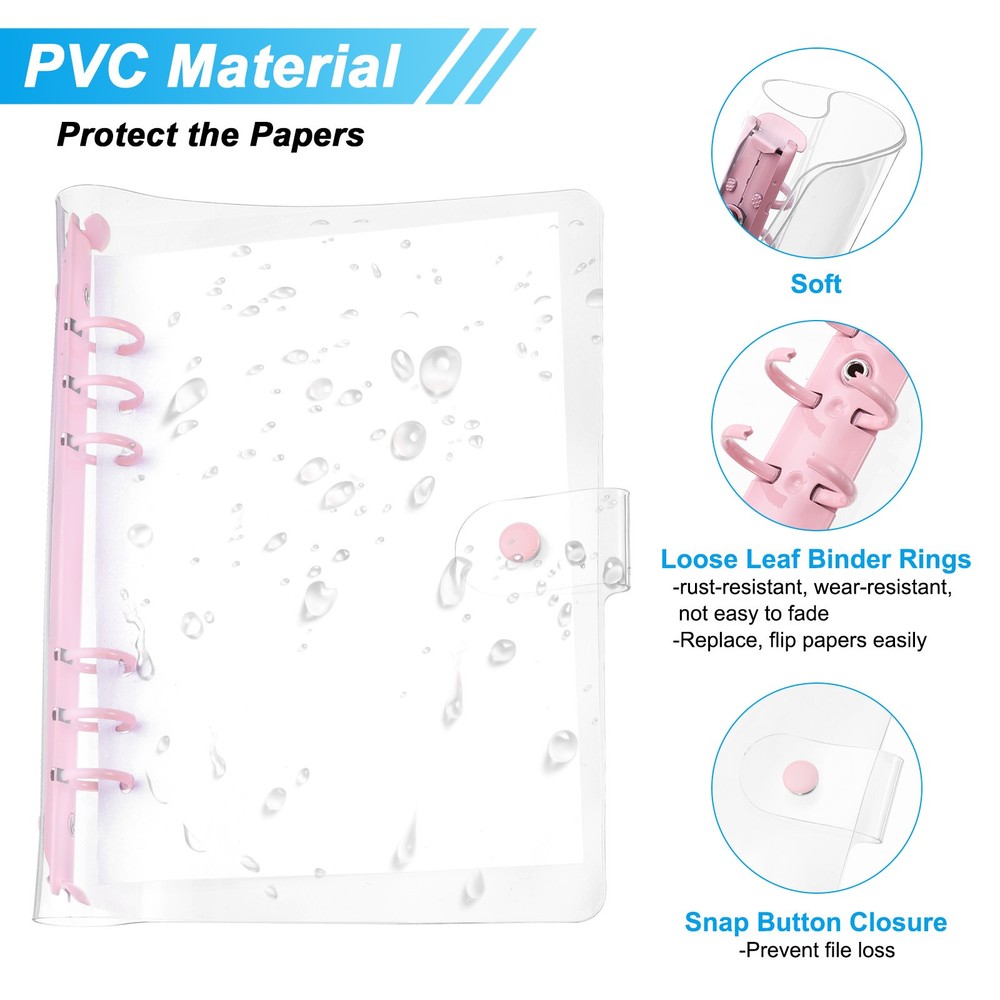 Soft PVC A5 Clear Binder Cover with Snap Button Closure 6 Ring, Pink