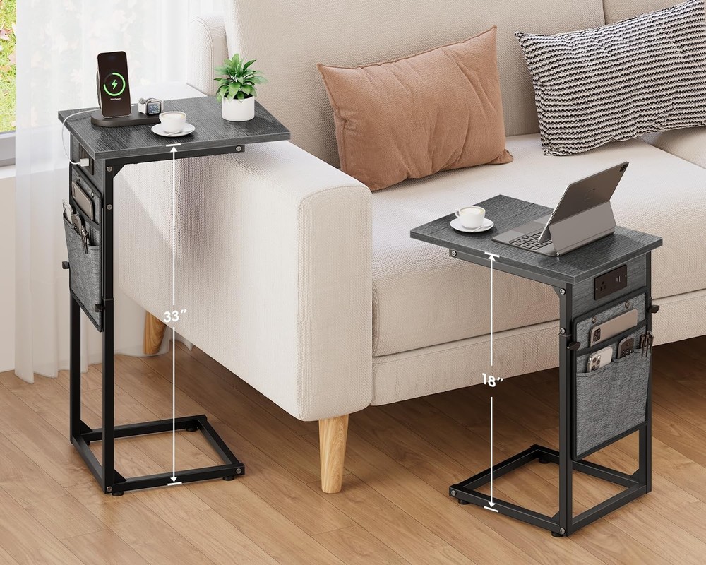 Vagusicc C Shaped End Table with Charging Station, C Table End Table Adjustable