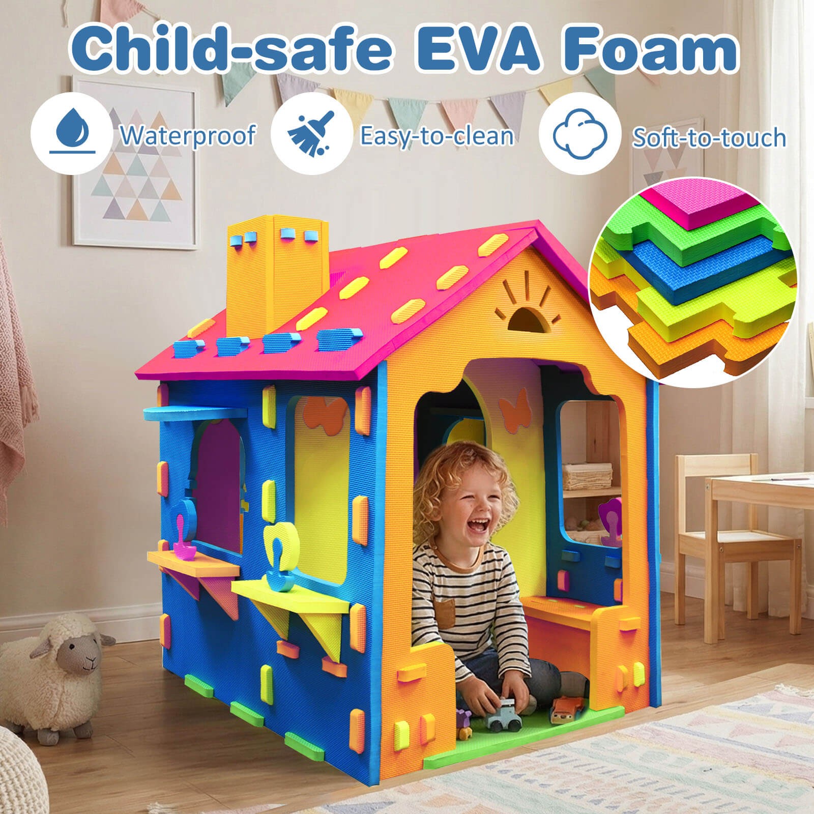 Kids EVA Foam Playhouse w/Roof, Chimney, Windows & Doorways for Creative Play