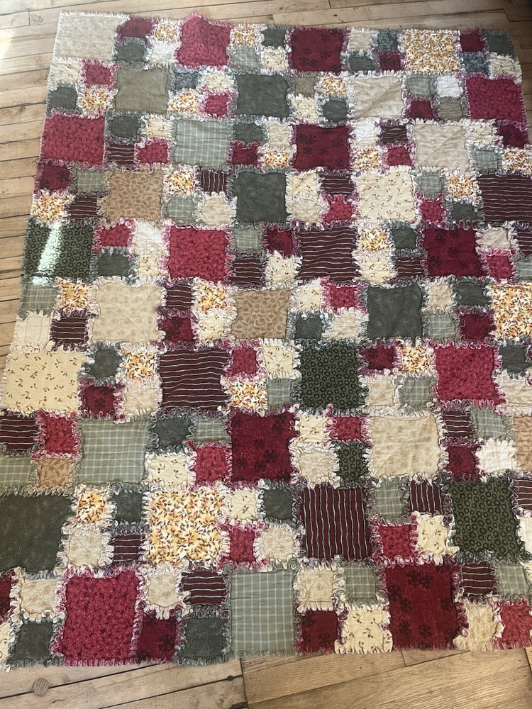 Handmade Rag Quilt Throw 54x66 Primitive Cottagecore Patchwork Cherries