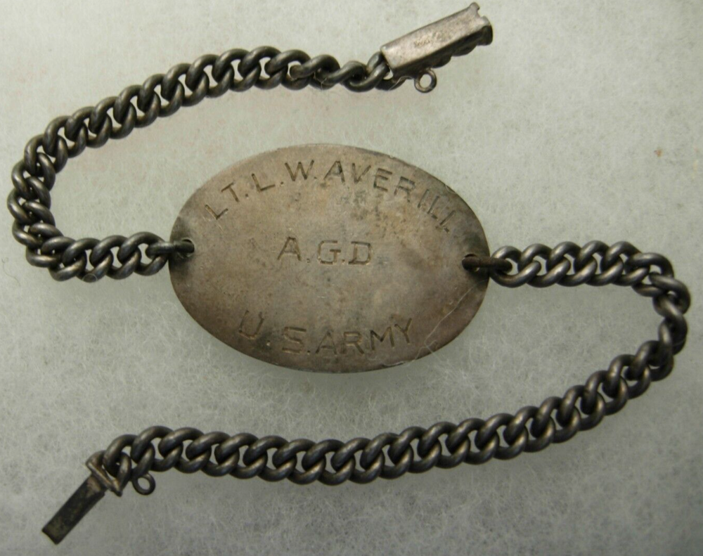 WW1 Dog Tag Set and Officer ID Bracelet - Linly Waverill Co C HQ Bn GHQ AEF