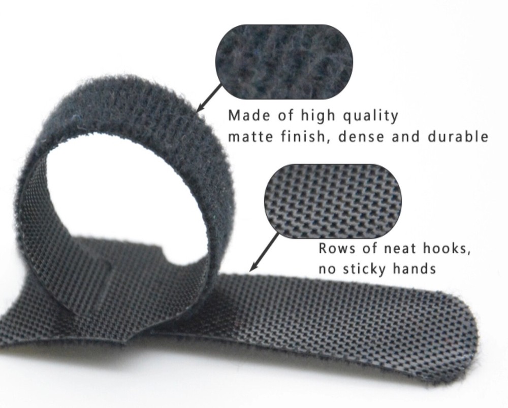 Black Cable Straps Wire Cord Hook & Loop Ties - Reusable Fastening Organizer