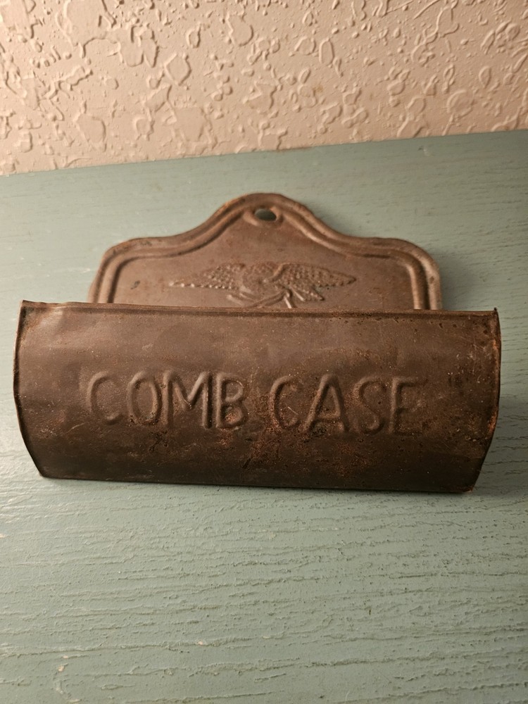 Antique Tin WallMounted Comb Case W/Embossed Eagle-Very Good