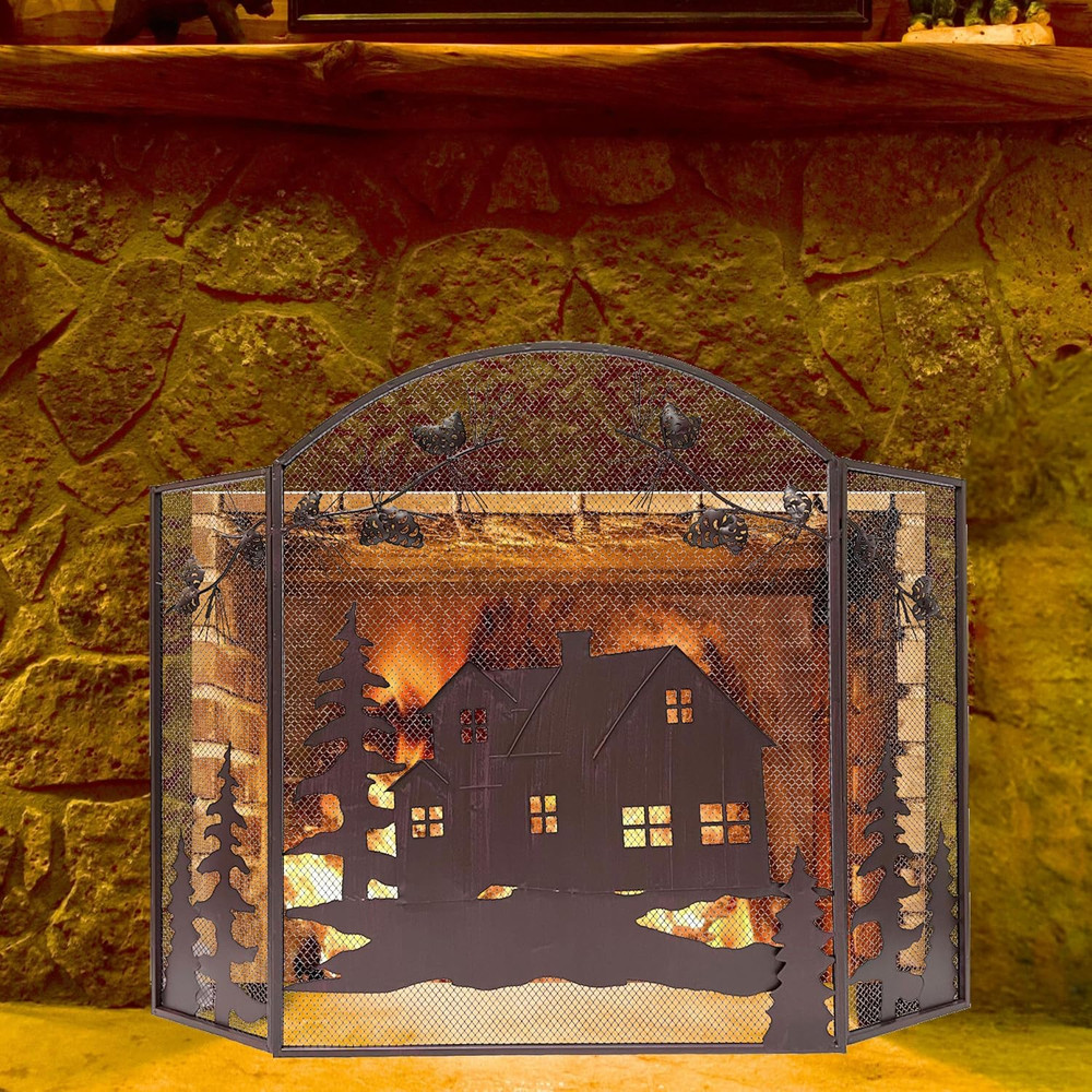 3-Panel Fireplace Screen Decorative with House Cabin Lodge Pine Cone Design - St