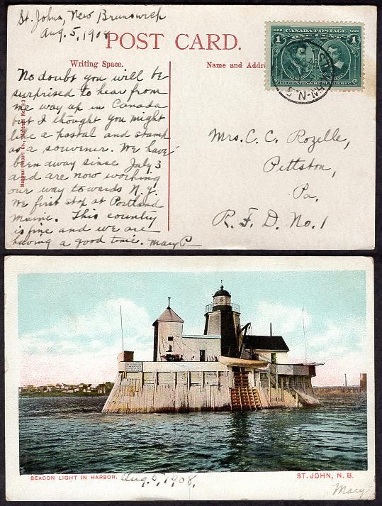 #96 1¢ Quebec Cent. August 5 1908 St. Johns Beacon Light Picture Post Card