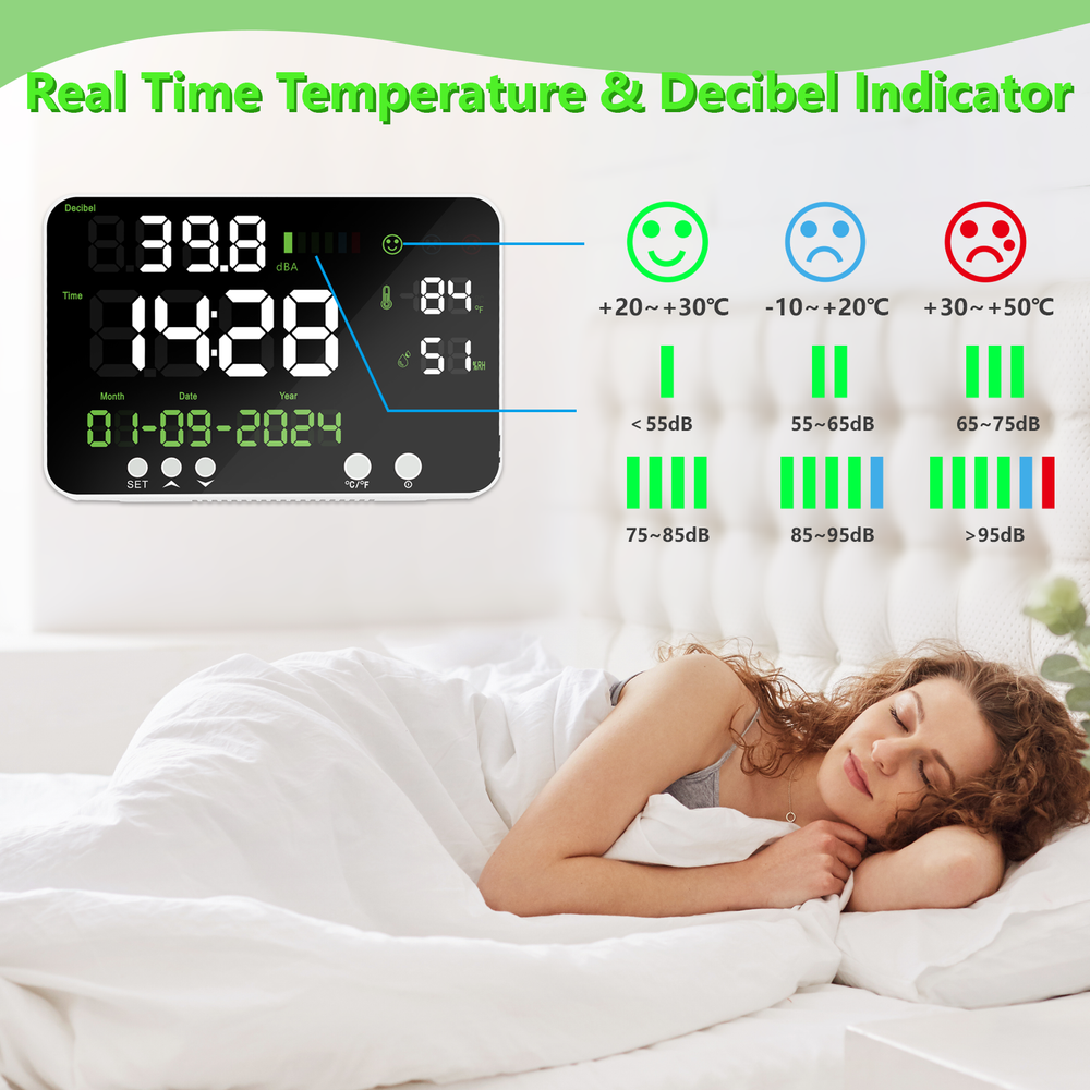 Decibel Meter Sound Level Reader LED Time Temperature Humidity Noise Meter