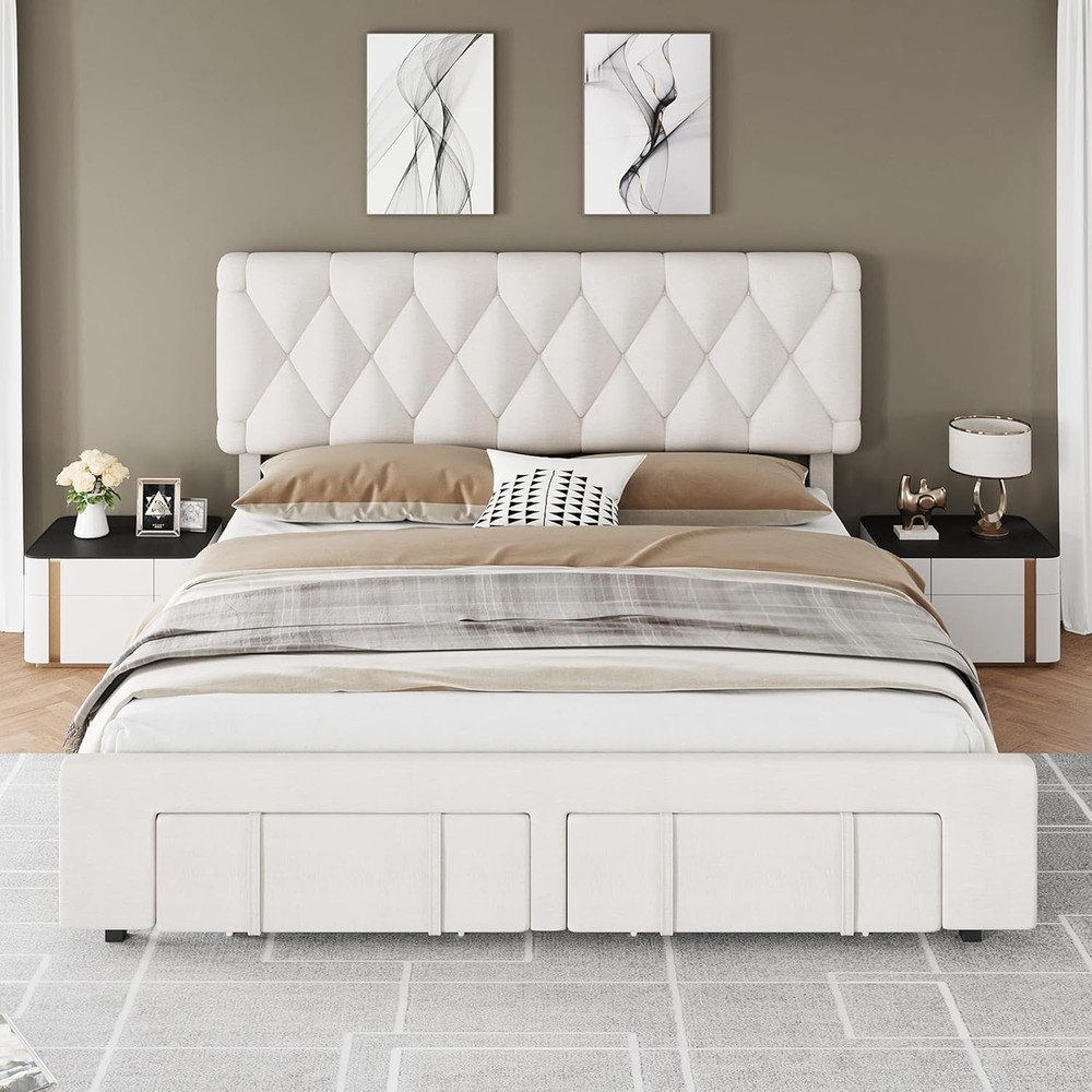 🔵Queen Size Modern Upholstered Platform Bed Frame with Storage Drawers Headboar