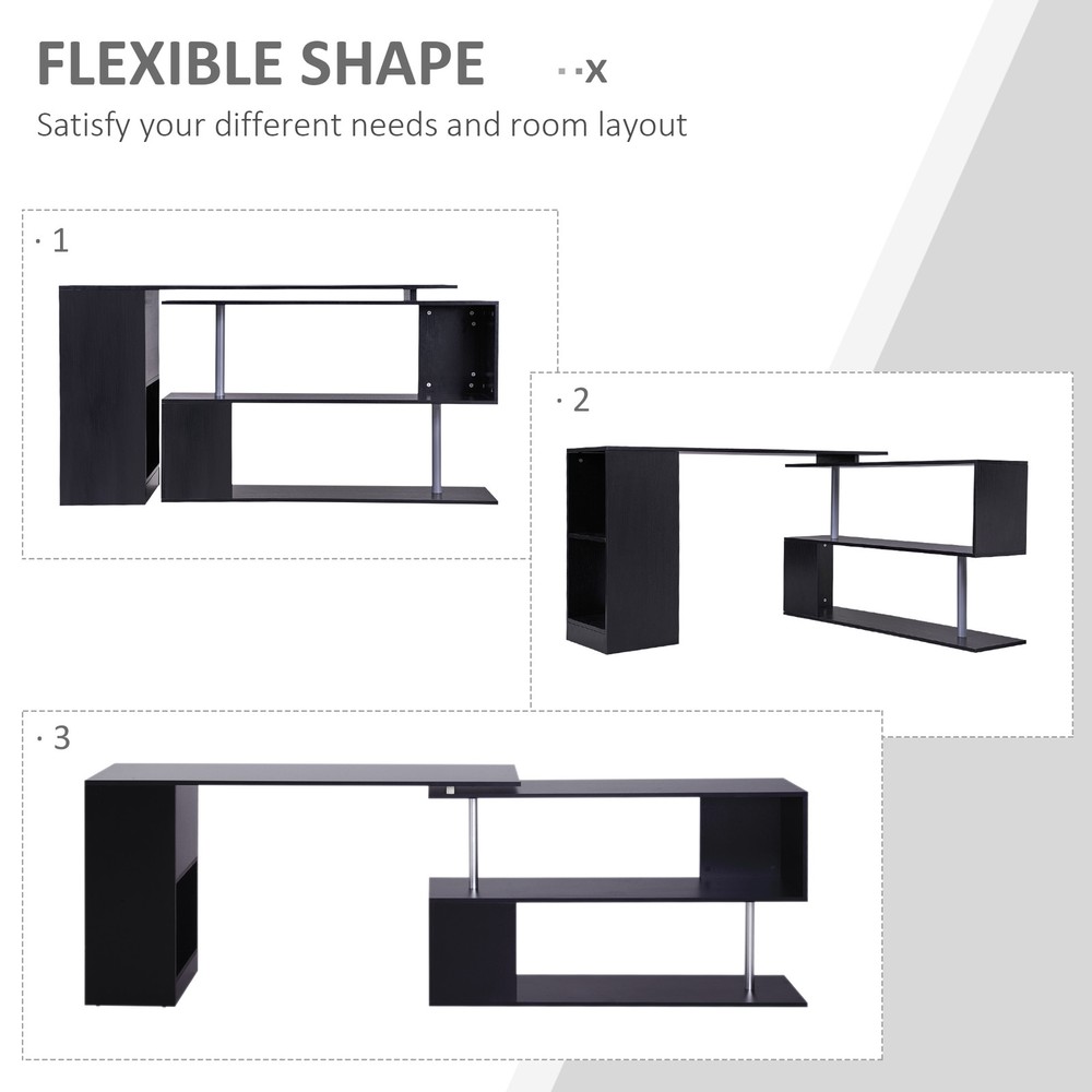 Rotating Corner Table Shelf Combo L-Shaped I-Shape Home Office, Black
