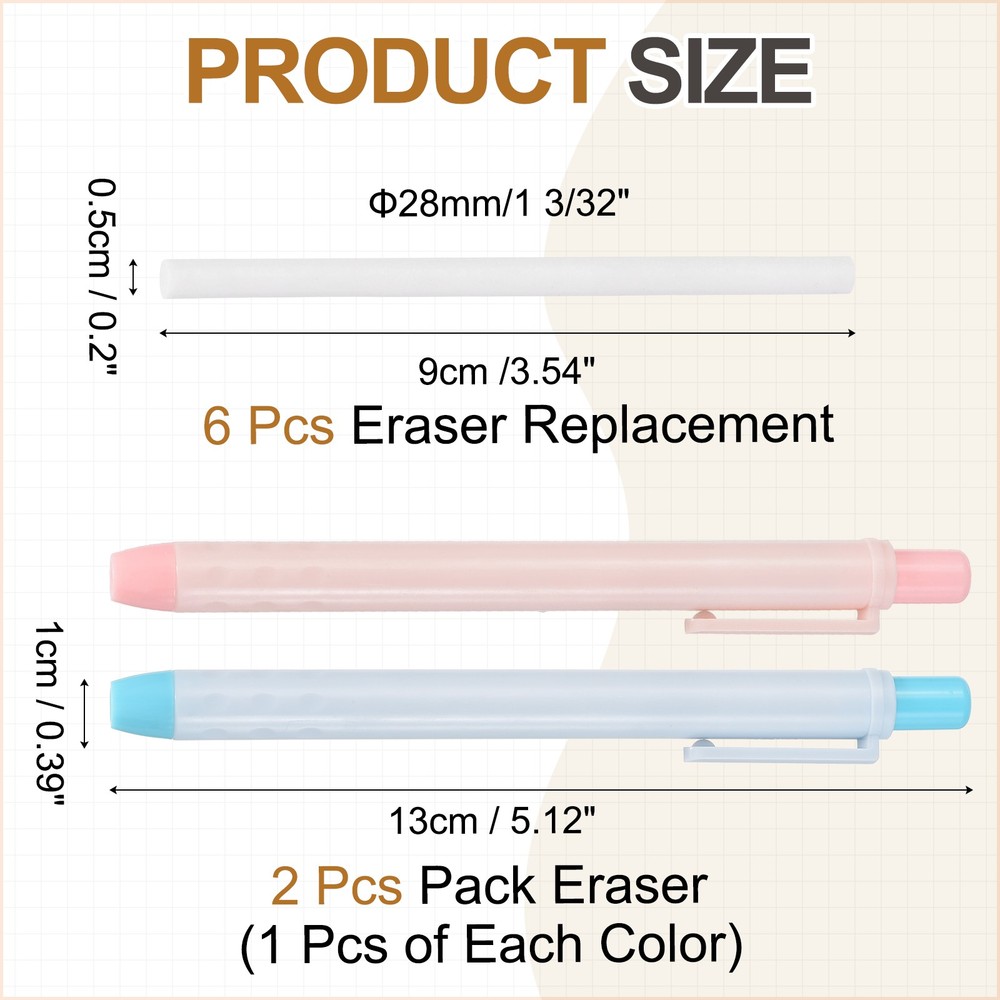 2+6Pcs Retractable Eraser Pen with 6Replacement Refill, Light Pink/Light Green