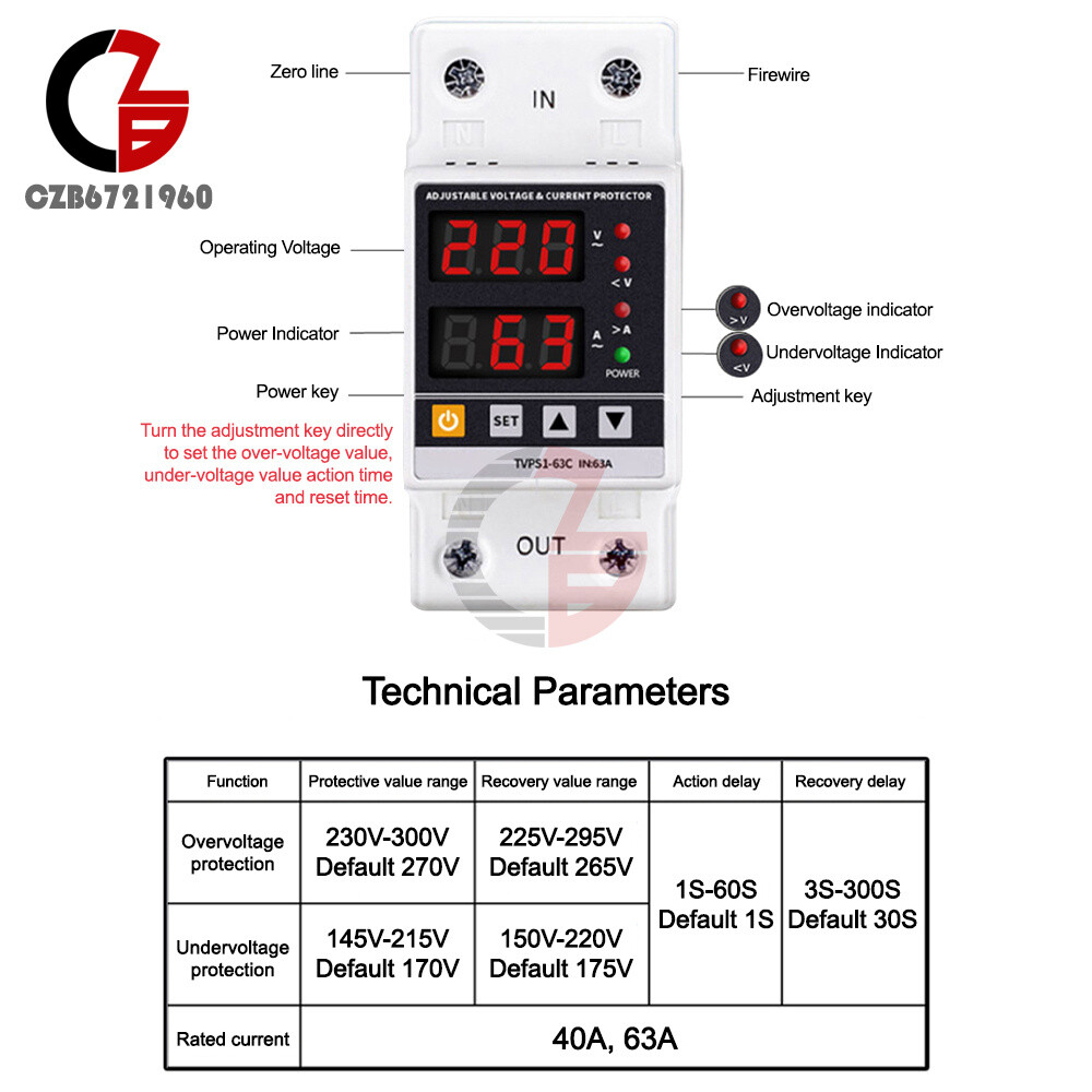 AC220/110V 40/63/80A Over Under Voltage Switch Protector Over Current Protection