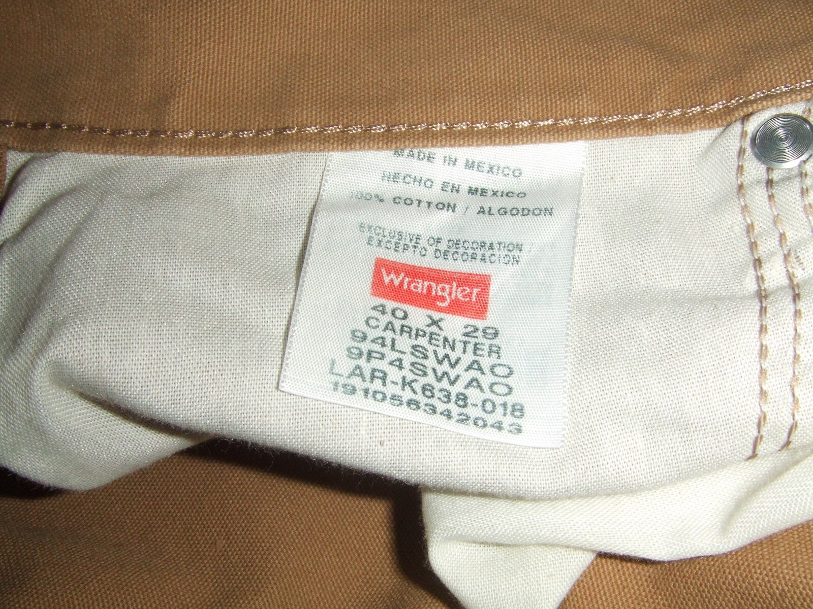 Wrangler 94LSWAO Brown Khaki Carpenter Pants Men's Size 40 x 29 ~ Brand New ~ q