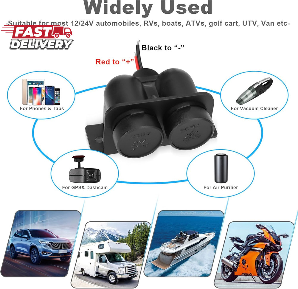 1PCS Cigarette Lighter Socket with Blade Fuse, 2-Socket Cigarette Lighter Splitt