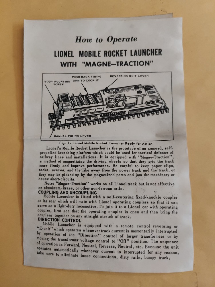Lionel 45 Mobile Rocket Launcher Navy Instruction Dated 7-60