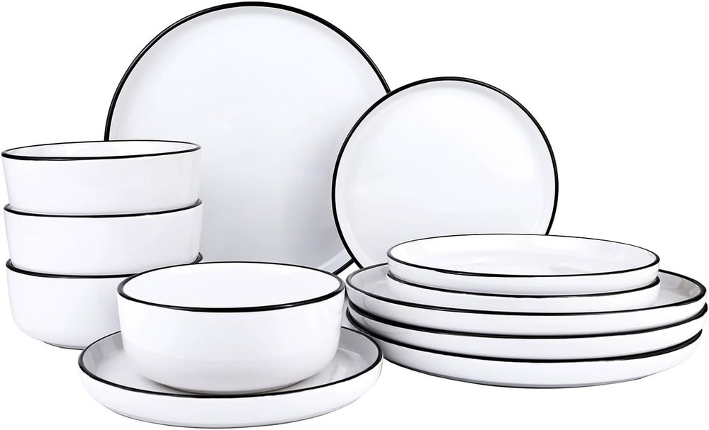 12 Pieces Ceramic Dinnerware set,Plates & Bowls Sets 4,White Dinnerware Set