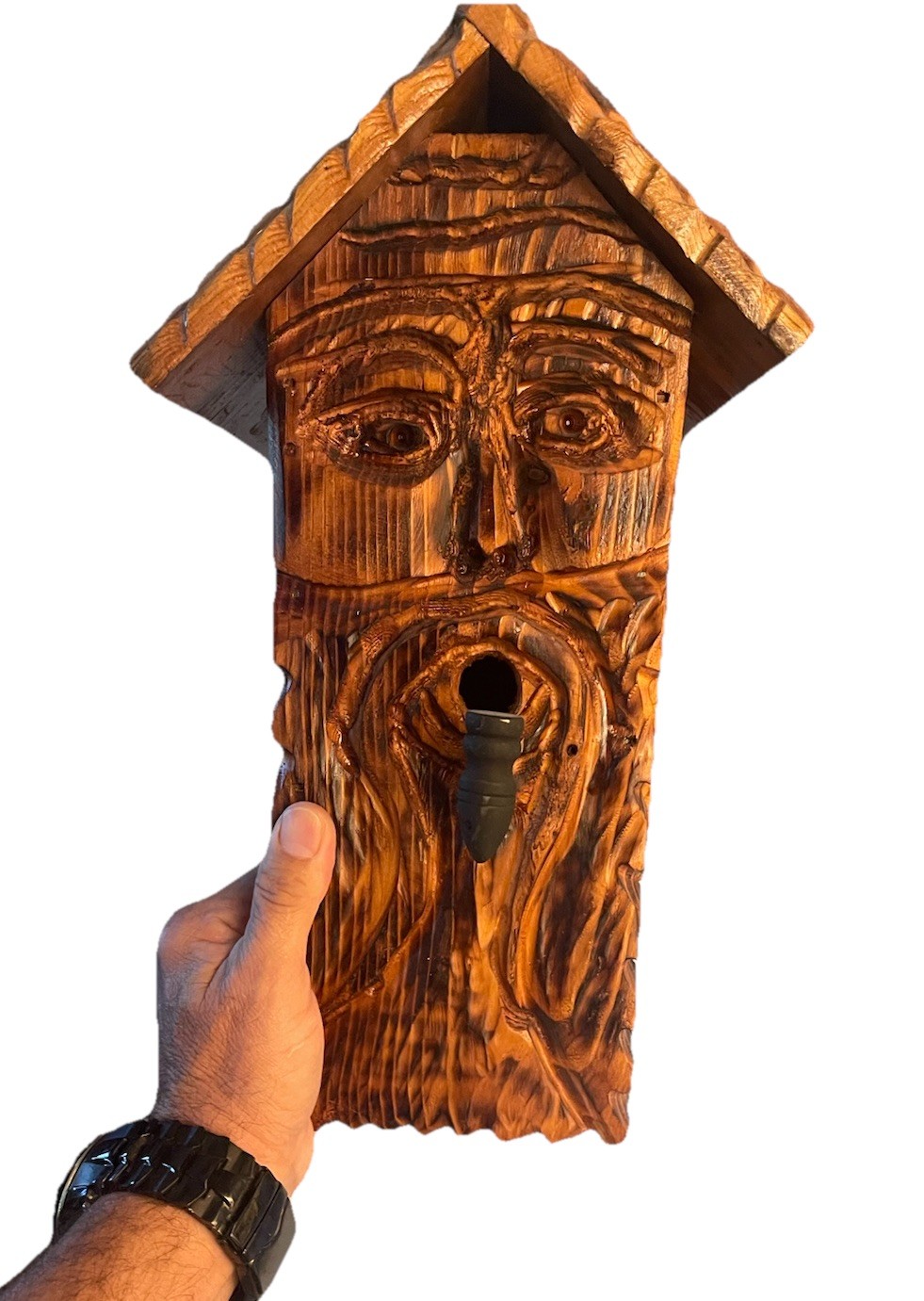 Hand Carved Wood Spirit Birdhouse Rustic Folk Art Tree Face Handmade Cedar