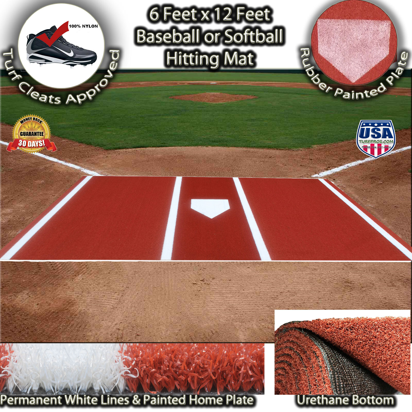 6 Ft  x 12 Ft SyntheticTurf Baseball Softball Batting Hitting Cage Mat No Foam