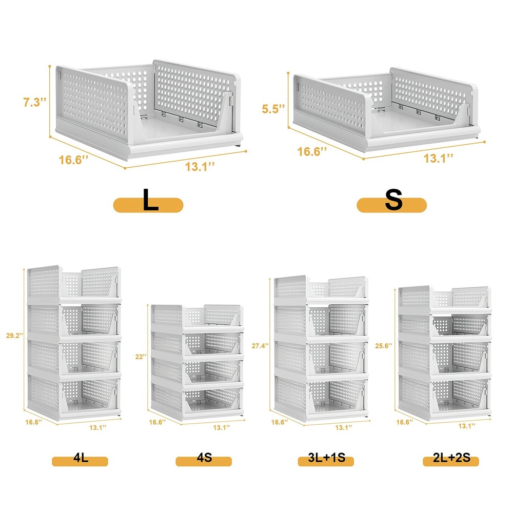 Proarea 4 Pack Stackable Plastic Storage Basket Closet Organizer Bin Foldable...