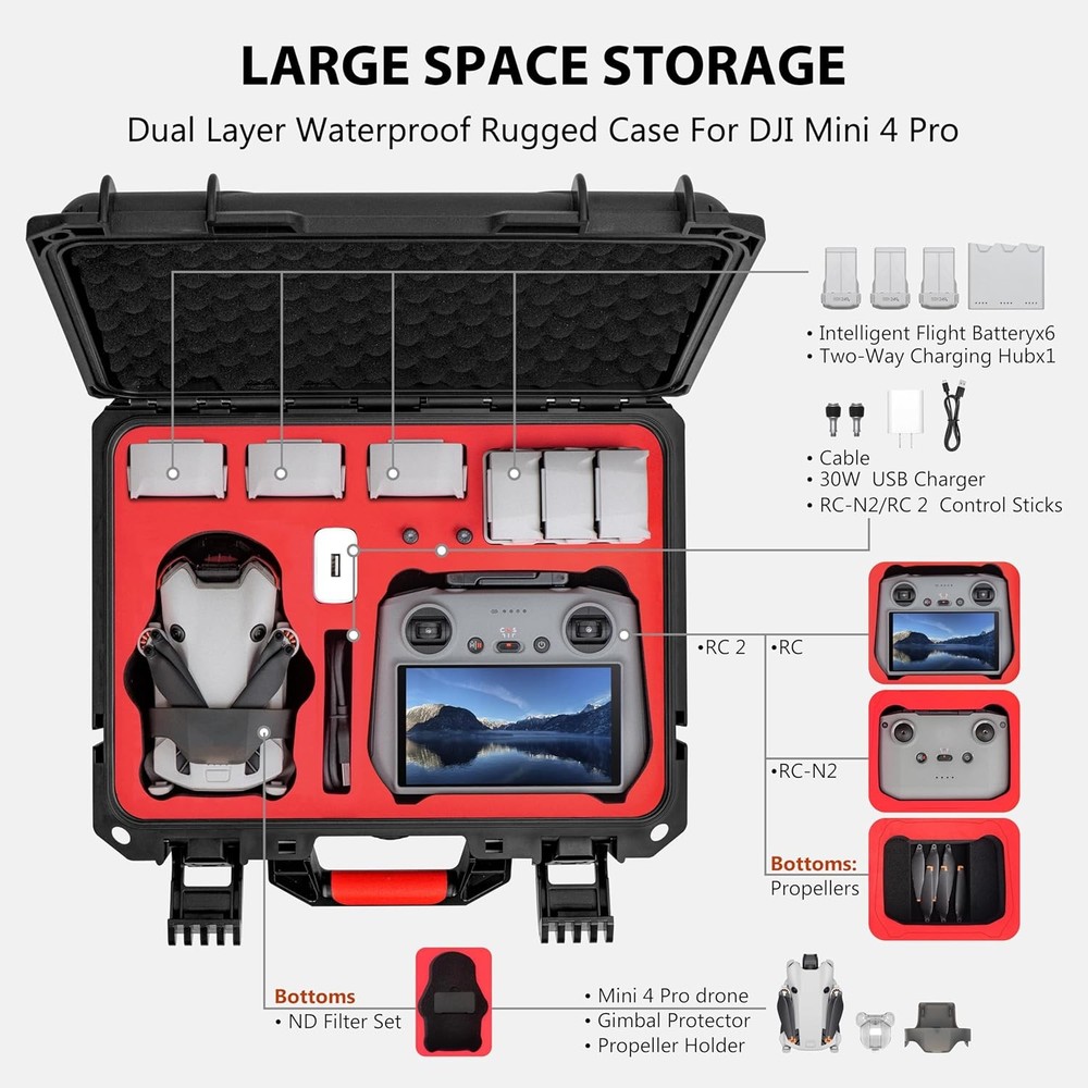 IP67 Drone Hard Case for DJI Mini 3 Pro//Mini4 pro RC2/RC Controller/Battery