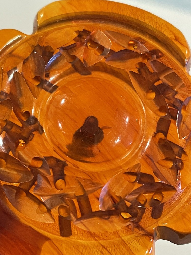Vintage Tested Root Beer Bakelite Carved Flower Button 2”