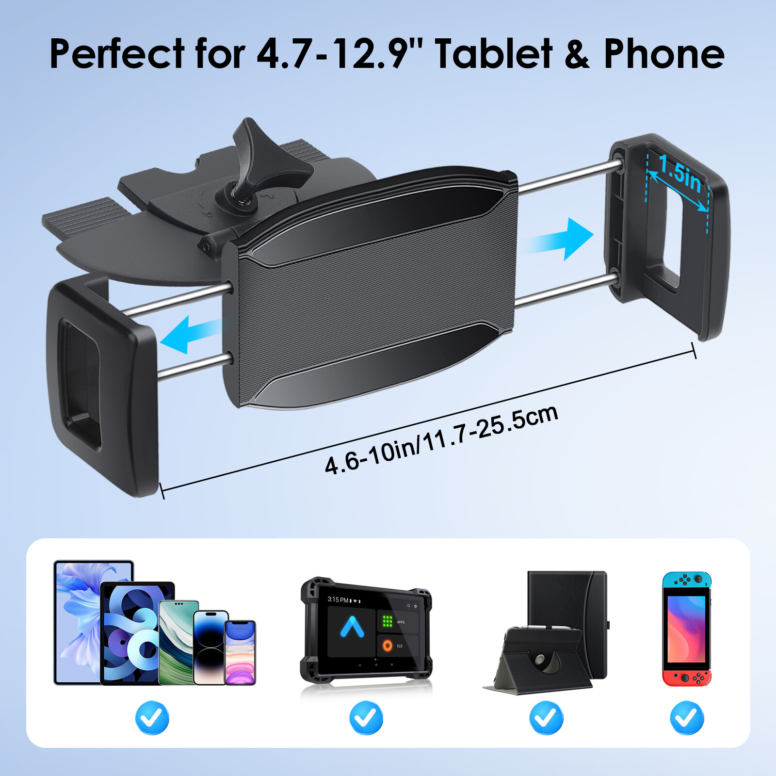 Car CD Slot Holder 360° Rotation Car CD Player Mount for 4.7-12.9" Tablet Phone