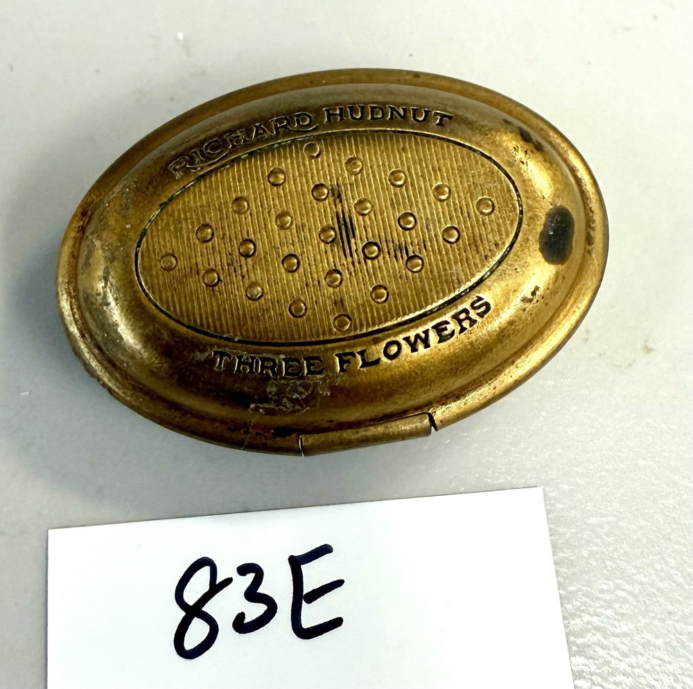 Antique 1924 Richard Hudnut “Three Flowers” Solid Perfume Compact • Brass Oval