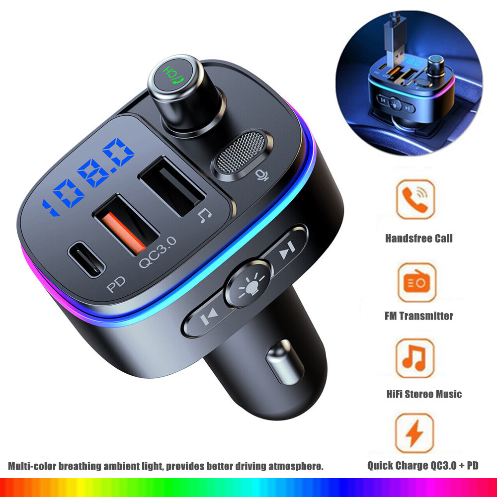 QC3.0 USB/Type-c PD Fast Charging Wireless Bluetooth 5.0 Fm Transmitter Phone US
