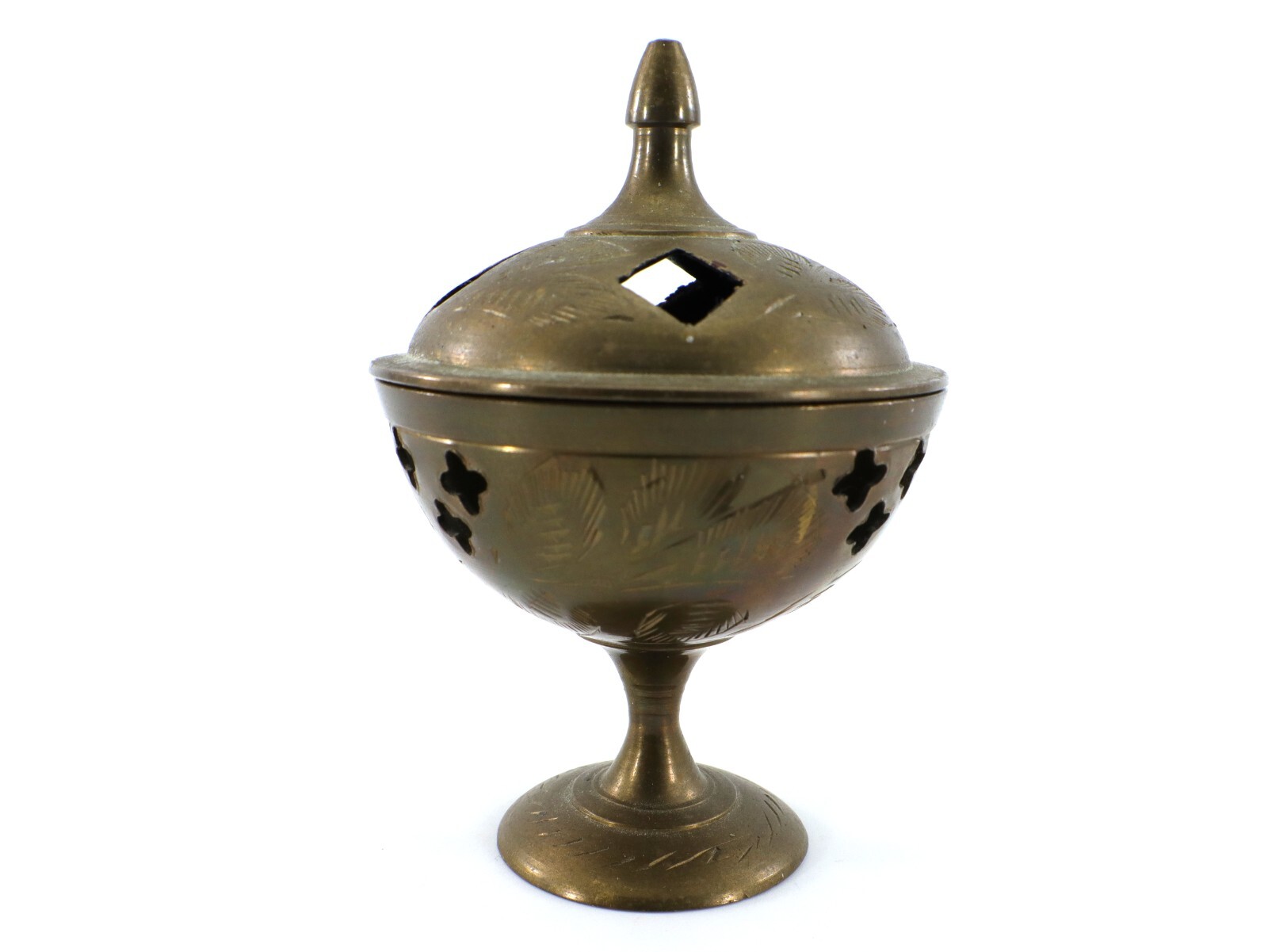 Brass INCENSE BURNER 2-Piece Lid 3 ½” Tall Etched Leaf India